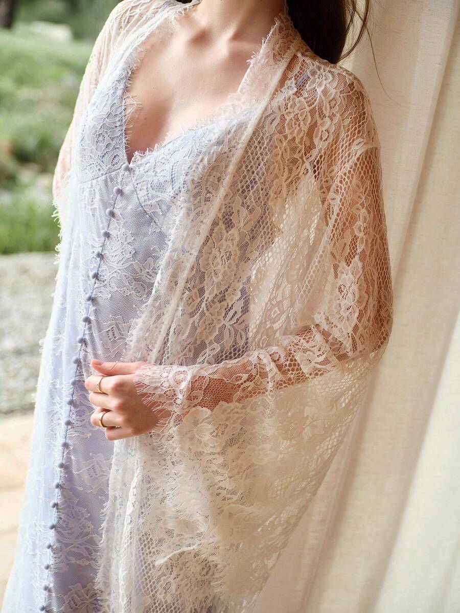 MOTF PREMIUM ELEGANT SHEER LACE BELL SLEEVE EXTRA LONG ROBE - White - View 1