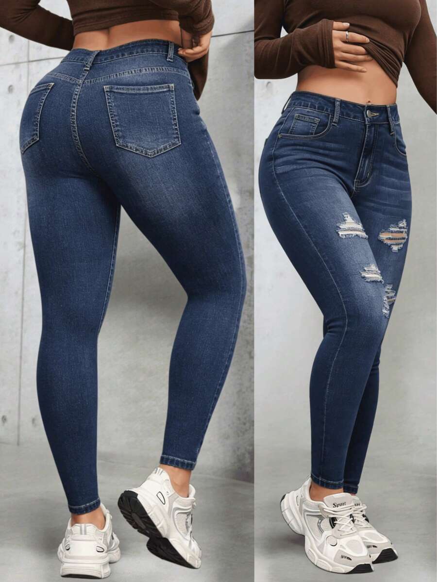Jeans Skinny de Tiro Alto con Realce Levanta Cola y Rasgados para Mujer - Azul Marino - Ver 1