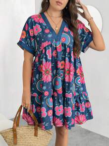 Enliva Plus-Size Women's V-Neck Short-Sleeved Casual Vacation Holiday Light Blue Summer Boho Floral Pattern Dress Flowy Music Festival For Apple Rounded Body - Multicolor - View 8