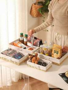 1/4Pcs Desktop Rattan Woven Storage Baskets Makeup Key Coffee Table Organizer Living Room Entry Decor Brown Home Organization - apricot bow - View 6