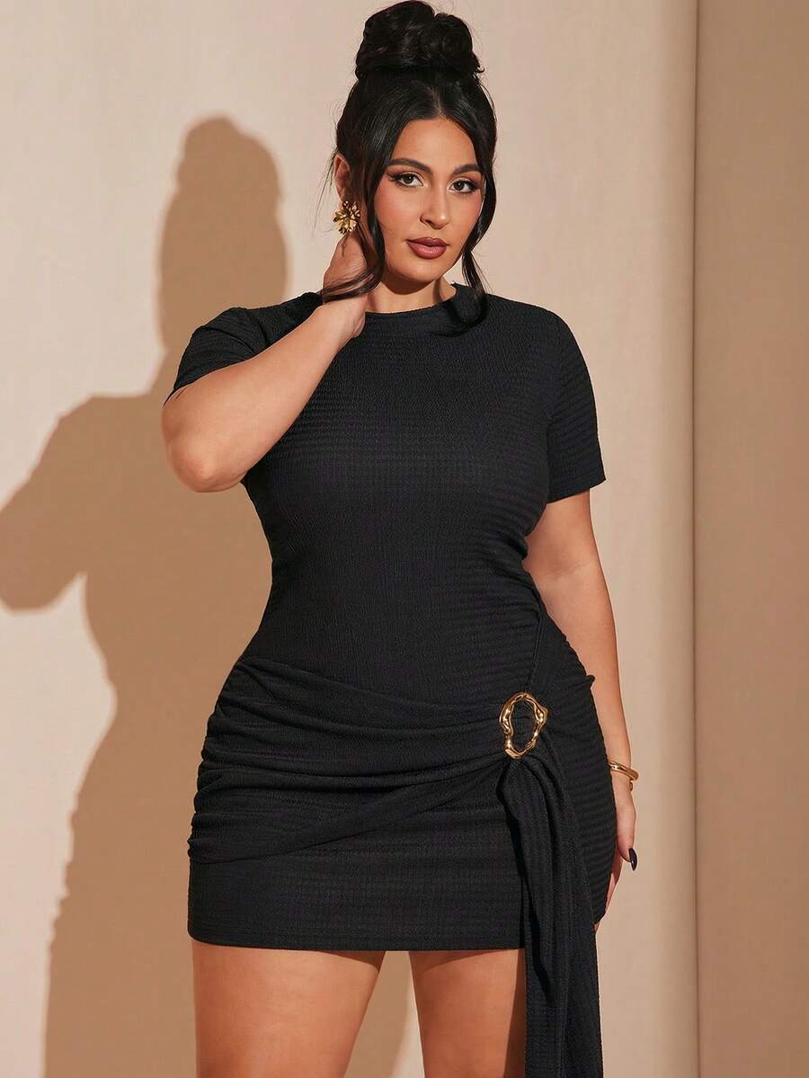 SHEIN BAE 大码女式棕色短袖金色金属纽扣连衣裙，夏季沙滩度假连衣裙 - 黑色 - 查看 1
