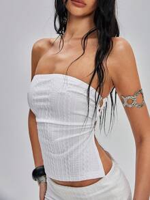 TypaGal 女士纹理侧开衩时尚抹胸上衣 - 白色 - 查看 6