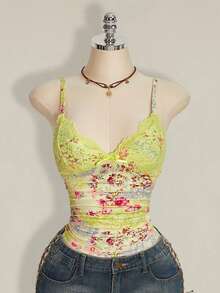 SHEIN ICON Summer Women's Mint Green Going Out Beach Contrast Lace Ruched Y2k Cami Top - Multicolor - View 9