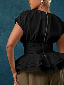 Vixey Solid Woven Round Neck Ruched Short Sleeve Layered Peplum Top - Black - View 5