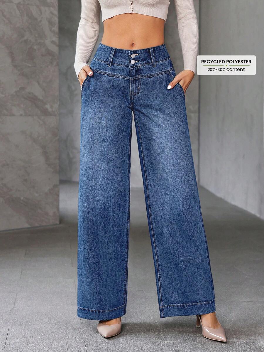 EMERY ROSE Plus Size Casual Washed Low Waist Wide Leg Jeans Wide Leg Jeans Women High Waist Jeans Loose Jeans Baggy Jeans Jean Pants Women - Blue - View 1