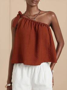 Vesra 女士不对称领口仿亚麻系带衬衫 - 鏽棕色 - 查看 5