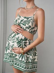 Momance 孕妇性感沙滩度假热带植物印花镂空腰部连体衣，夏季 - 綠色 - 查看 5