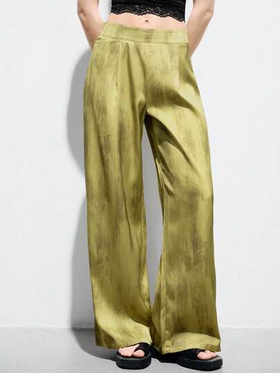 Aveloria Modichic Gradient Brush Print Abstract Metallic Pleated Loose Straight Leg Pants, Urban Minimalist Commute Casual Vacation Versatile, Spring/Summer