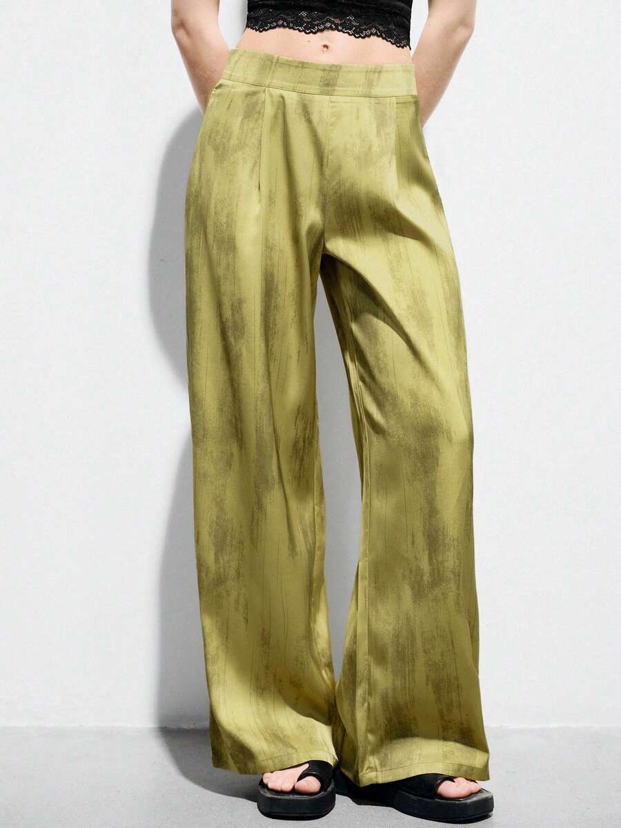 Aveloria Modichic Gradient Brush Print Abstract Metallic Pleated Loose Straight Leg Pants, Urban Minimalist Commute Casual Vacation Versatile, Spring/Summer - Multicolor - View 1