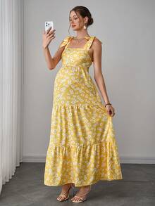 Momance 波西米亚风花卉系带露肩连衣裙，方领荷叶边下摆层叠沙滩度假孕妇装，夏季 - 黃色 - 查看 5