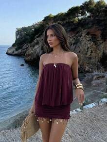 Aloruh Purple Strapless Knit Mini Dress, Bohemian Vacation Fringe Short Dress, Y2K Music Festival Solid Color Dress,,Going Out,Date Night,Concert Outfit Women,Country Concert Outfit,Mesh Knit Dress,Summer Dresses,Elegant Party Dress,Beach Dresses,Summer Dresses For Women - Red Violet - View 2