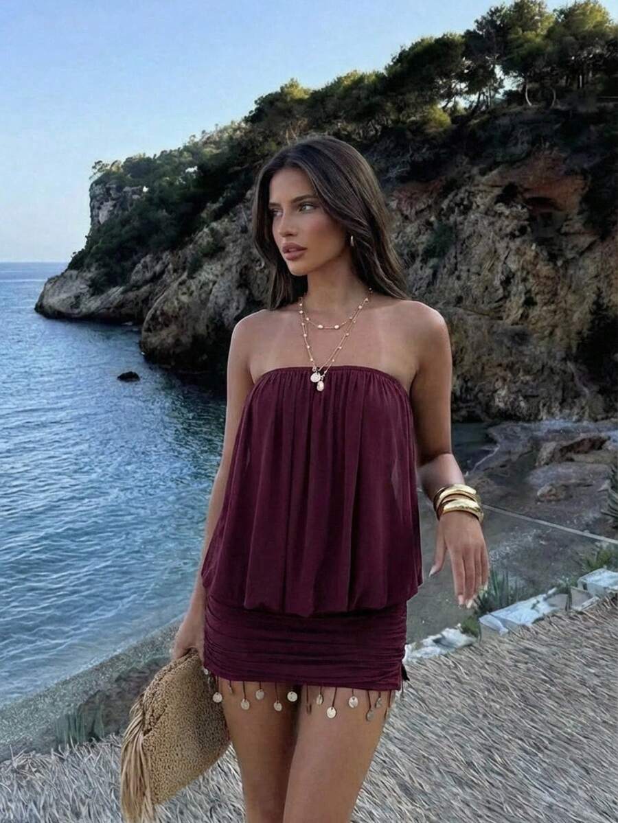 Aloruh Purple Strapless Knit Mini Dress, Bohemian Vacation Fringe Short Dress, Y2K Music Festival Solid Color Dress,,Going Out,Date Night,Concert Outfit Women,Country Concert Outfit,Mesh Knit Dress,Summer Dresses,Elegant Party Dress,Beach Dresses,Summer Dresses For Women