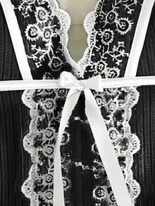 Top de camisola de fiesta con parches de encaje y decoración de lazo - Negro - Ver 3