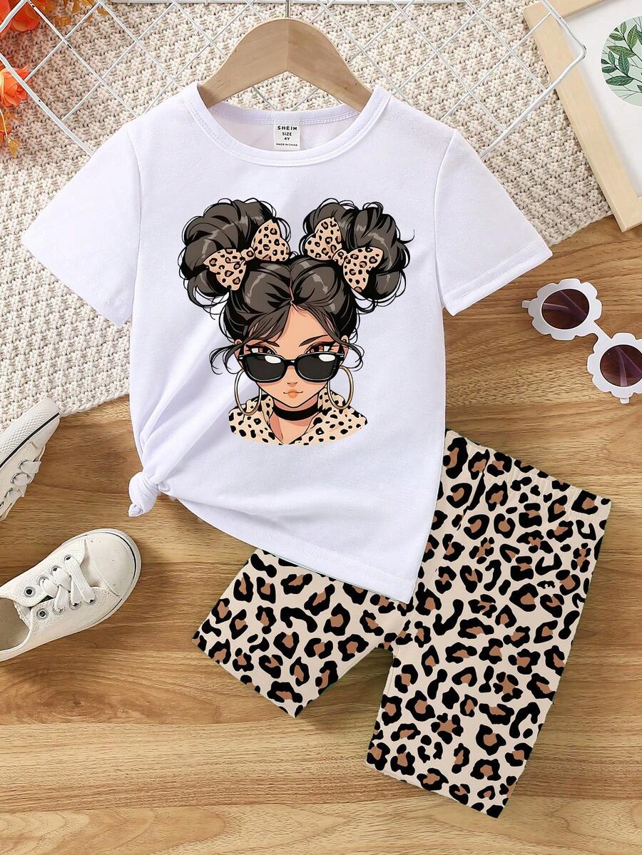 SHEIN Elladie kids 女童夏季2件套休閒時尚套裝,卡通豹紋短袖上衣搭配單車褲,獵豹圖案套裝度假服飾 - 彩色 - 查看 1