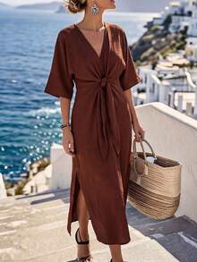 SHEIN Holidaya Đầm nữ màu trơn, eo xoắn, tay lửng, thích hợp cho kỳ nghỉ. - Rỉ Nâu - Xem 1