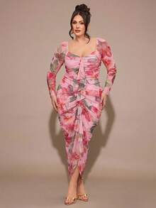 SHEIN BAE 大码女式黄色褶皱荷叶边连衣裙，情人节连衣裙 - 粉色 - 查看 5