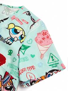 PopScrub THE POWERPUFF GIRLS X SHEIN 女士清新浅蓝色沙漠印花V领工作服，适合工作、通勤、护理等场合 - 彩色 - 查看 5
