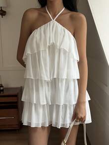 DAZY 雪纺露背迷你连衣裙，优雅无肩带蛋糕裙 - 白色 - 查看 6