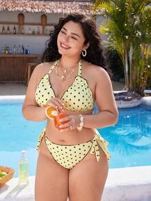 SHEIN Swim 2026新款大码复古法式波点比基尼 | 三角杯设计，自然提拉，无压迫感 | 侧边蝴蝶结系带，可调节腰围 | 两件式显瘦度假沙滩泳装套装，柠檬泳衣，女士黄色波点比基尼，黄色花朵比基尼，女士黄色泳装，泳衣配件 - 黃色 - 查看 3