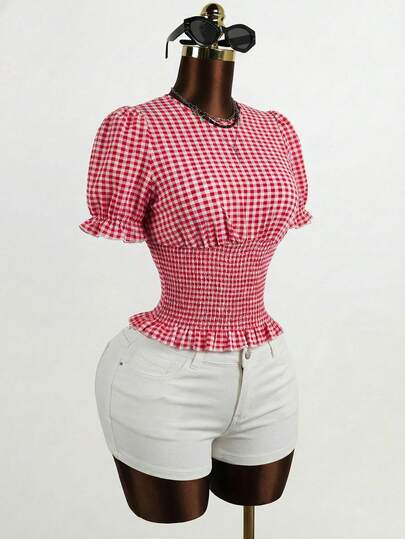 BamGleam Women's Plaid Round Neck Short Petal Sleeve Gathered Waist Blouse Women's Metal Shell Decor Hollow Design Sexy Halter Bodysuit Paired With Mini Skirt, Beach Outfits For Women , Beach Outfit For Women , Beach Outfits , Beach Outfit ,, Summer , Summer Clothes  , Summer Outfits For Women , Summer Outfits ,  Summer Outfit For Women , Beach Vacation Outfits For Women , Vacation Outfits Women  , Holiday Outfits For Women  , Vacation  , Holiday  , Summer Holiday Outfits , Holiday Outfits  , Vacation Outfits For Women , Vacation Dresses Vacation Dress  , Beach Vacation Outfits For Women ,Vacation Outfits Women  , Beach Vacation Outfits For Women , Vacation Outfits Women  , Holiday Outfits For Women  , Vacation  , Holiday  , Summer Holiday Outfits , Holiday Outfits  , Vacation Outfits For Women Beach Vacation Outfits For Women , Summer , Summer Clothes  , Summer Outfits For Women , Summer Outfits ,  Summer Outfit For Women