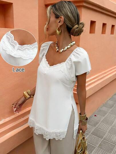 Flora Isola Flora Isola Women's Fashion Square Collar Lace Patchwork Slit Blouse, White, Suitable For Party, Date, Dinner, Wedding Season, Holiday Celebration, Beach Vacation, Everyday Casual Wear, Commuting, Versatile For All Seasons