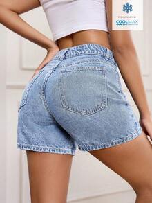 SHEIN PETITE 女款夏季休閒日常通勤簡約百搭牛仔短褲，適合嬌小女性 - 淺色水洗藍 - 查看 2