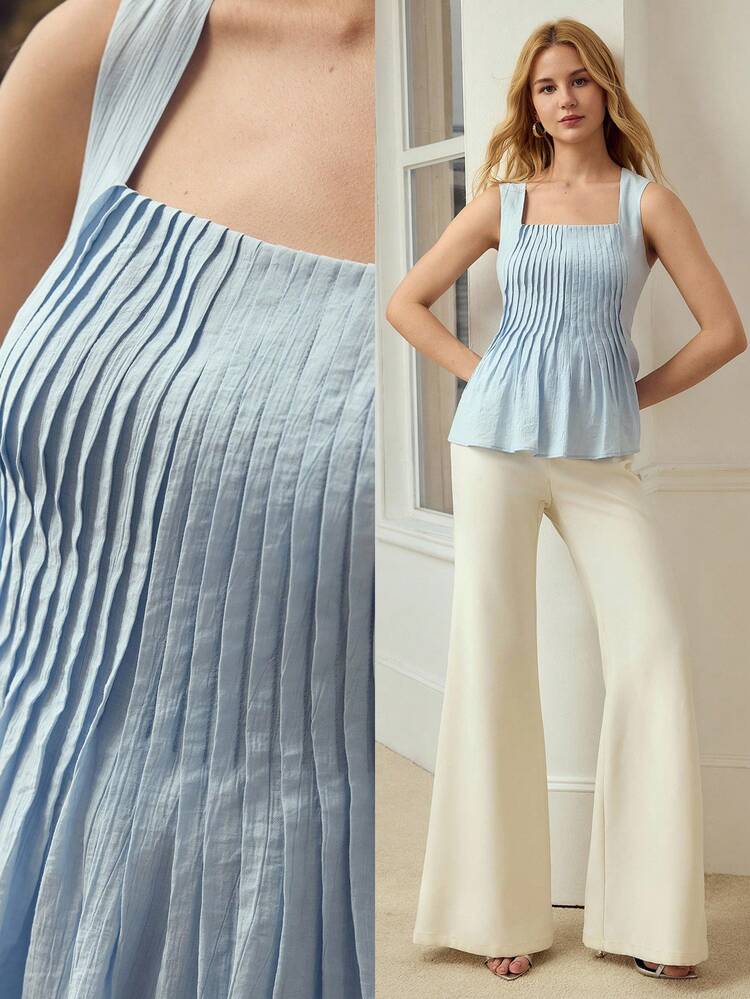 WOMEN'S BLUE SQUARE NECK SLEEVELESS ELEGANT COMMUTER TANK TOP