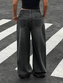 Muchica Quần jeans nữ ống rộng dáng suông, thoải mái, đa năng, có túi, thêu chữ và họa tiết da báo. - Xám - Xem 2