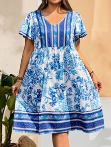 EMERY ROSE 大码女式碎花V领荷叶边短袖休闲连衣裙 - 彩色 - 查看 8