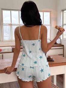 Softscene 女士条纹五角星印花吊带背心和短裤休闲睡衣套装 - 彩色 - 查看 2
