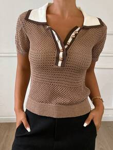 DAZY Áo polo nữ mỏng dệt kim cổ tròn khoét rỗng, phối màu tương phản, kiểu dáng thường ngày cho mùa hè, thích hợp cho kỳ nghỉ. - màu nâu - Xem 4