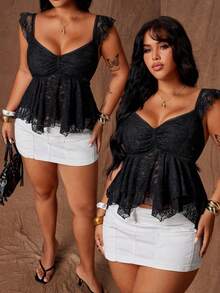 Rustia Plus Size Women's New Lace Backless Crop Top, Fitted Elegant Top For Summer Wedding Black - Black - View 7