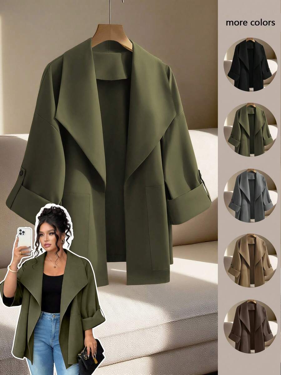 GlowEve CURVE Plus Size Women's Solid Color Lapel Casual Windbreaker Jacket - Army Green - View 1