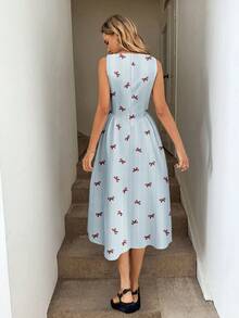 SHEIN LUNE Đầm midi không tay dáng chữ A kẻ sọc xanh trắng, eo nhún, thích hợp mặc đi nghỉ mát, làm từ vải cotton thoáng khí. - Nhiều màu - Xem 3