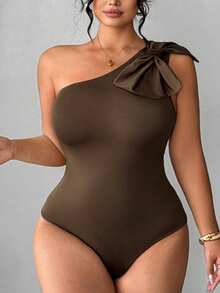 Elenzga Bodyduit elegante y sexy de talla grande con decoración de lazo en los hombros, estilizador para salidas, fiestas y vacaciones. Traje de baño para mujer, bañador de una sola manga, traje de baño marrón para mujer - Marrón - Ver 1