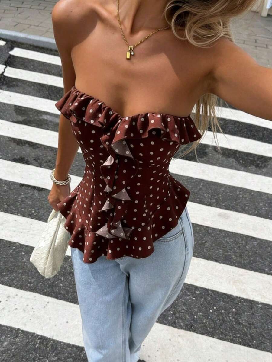 SHEIN PariChic Women's Elegant Polka Dot Print Ruffle Hem Tube Top, Summer - Brown - View 1