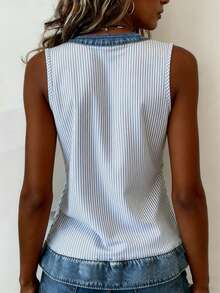 EMERY ROSE Women's Vertical Striped V-Neck Casual Versatile Tank Top - Blue - View 2