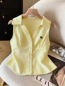 SHEIN Franclia 女士春夏休闲 Polo 衫，刺绣领无袖白色衬衫 - 黃色 - 查看 3