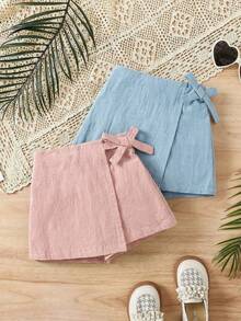 SHEIN 2 Peças Conjunto de Shorts Casuais de Cor Sólida Tecidos para Meninas Jovens - Multicolorido - Visão 7