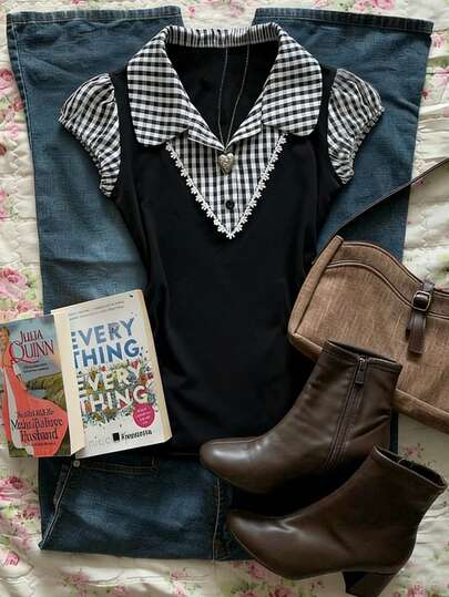 Glimmora Women's Plaid Petal Sleeve Casual 2 In 1 Top