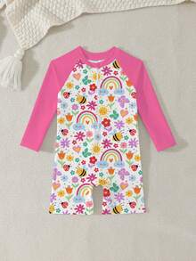 Baby Girl Cartoon Bee & Floral Print Round Neck Long Sleeve Casual Romper - Multicolor - View 3
