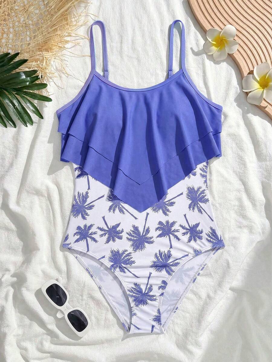 Teen Girl Ruched Ruffled Trim One-Piece Swimsuit, Casual & Comfortable - Purple - View 1