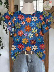 EMERY ROSE Plus Size Women Floral Print Round Neck Casual Versatile Daily Wear Shirt - Multicolor - View 3
