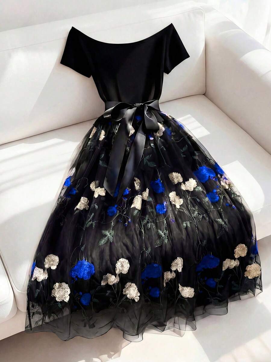 Franclia 1. Đầm chữ A lệch vai thêu lưới dành cho nữ, màu đen, kiểu dáng lệch vai, thời trang và thanh lịch, thích hợp cho mặc hàng ngày, đám cưới, tiệc tùng, đi làm, tiệc tốt nghiệp, lễ hội, kỳ nghỉ. - màu đen - Xem 1