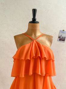 Soleia Burnt Orange Summer Boho Holiday Vacation Elegant Backless Multi-Layer Ruffle Chiffon Mini Dress,Wedding Guest Solid Color Dresses For Women - Coral Orange - View 5