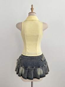 Elamini Women's Spring/Summer Plaid Polo Collar Sleeveless Shirt, Sweet Style With Zipper, Ribbon Splice Slim Fit Top, Suitable For Daily Wear And Dates - Yellow - View 2