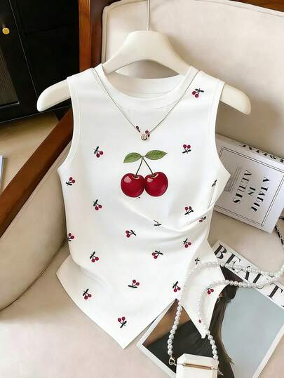 SHEIN PETITE Áo hai dây nữ bất đối xứng in họa tiết quả anh đào
