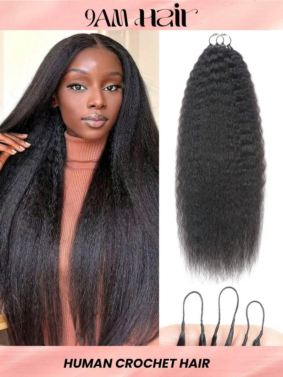 Boho Braids 100%真人发丝，自然黑色，羽毛线钩编发辫，沙龙级丝滑无缝隐形，适合发量较少的女性，微环钩编真人发接发 - Natural Black - 查看 1
