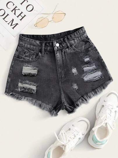 SHEIN Tall Quần short denim rách tua rua dành cho nữ, có đai, thời trang mùa hè.