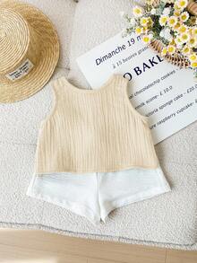 SHEIN LMoss Kids Áo vest mùa hè dễ thương, thoải mái, đa năng với nơ cho bé gái. - Màu be - Xem 2
